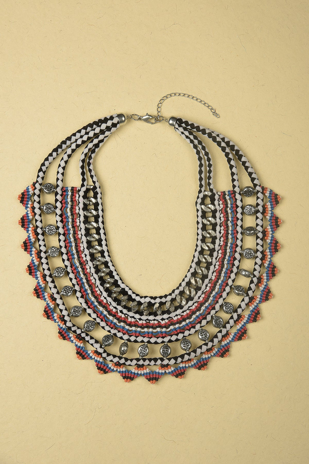 Necklace made of Silver Iron Chains, Beads, Suede and Multicolour Threads