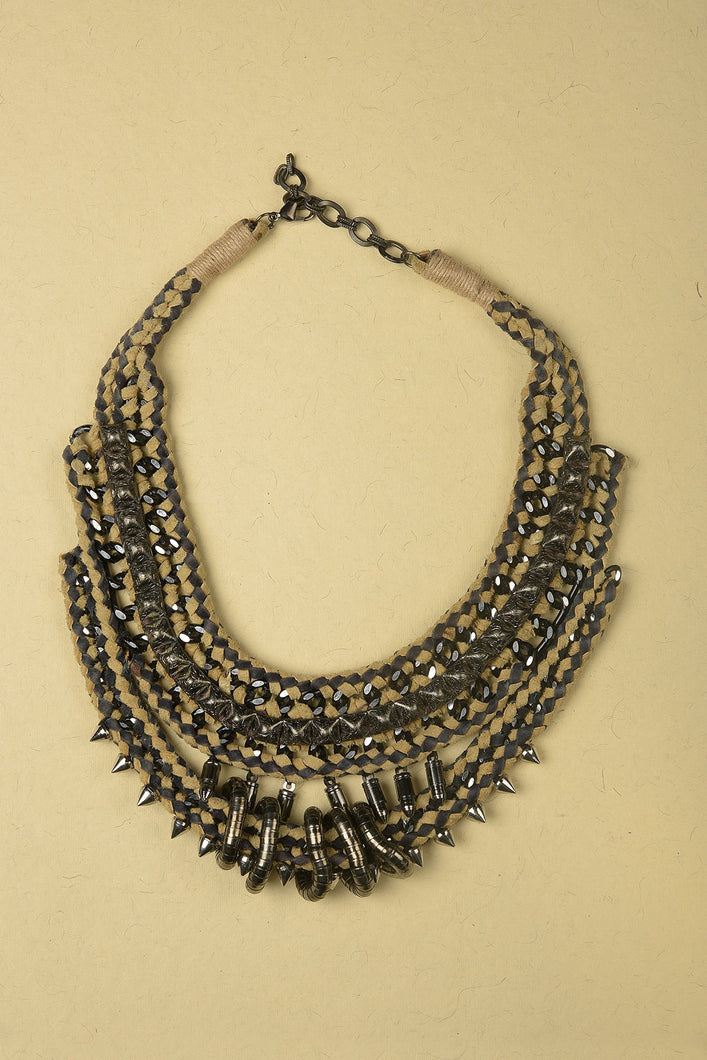 Necklace made of Jute, Suede, Iron Chain, Iron Bullets, Iron Cones and Iron Rings
