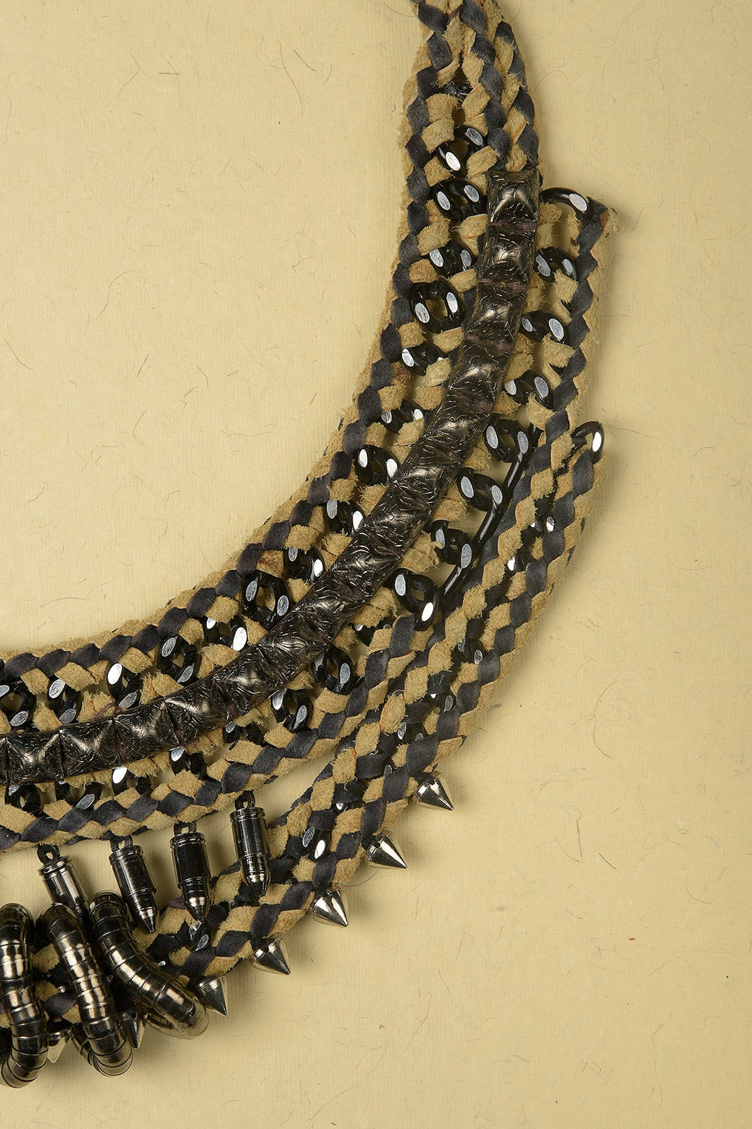 Necklace made of Jute, Suede, Iron Chain, Iron Bullets, Iron Cones and Iron Rings