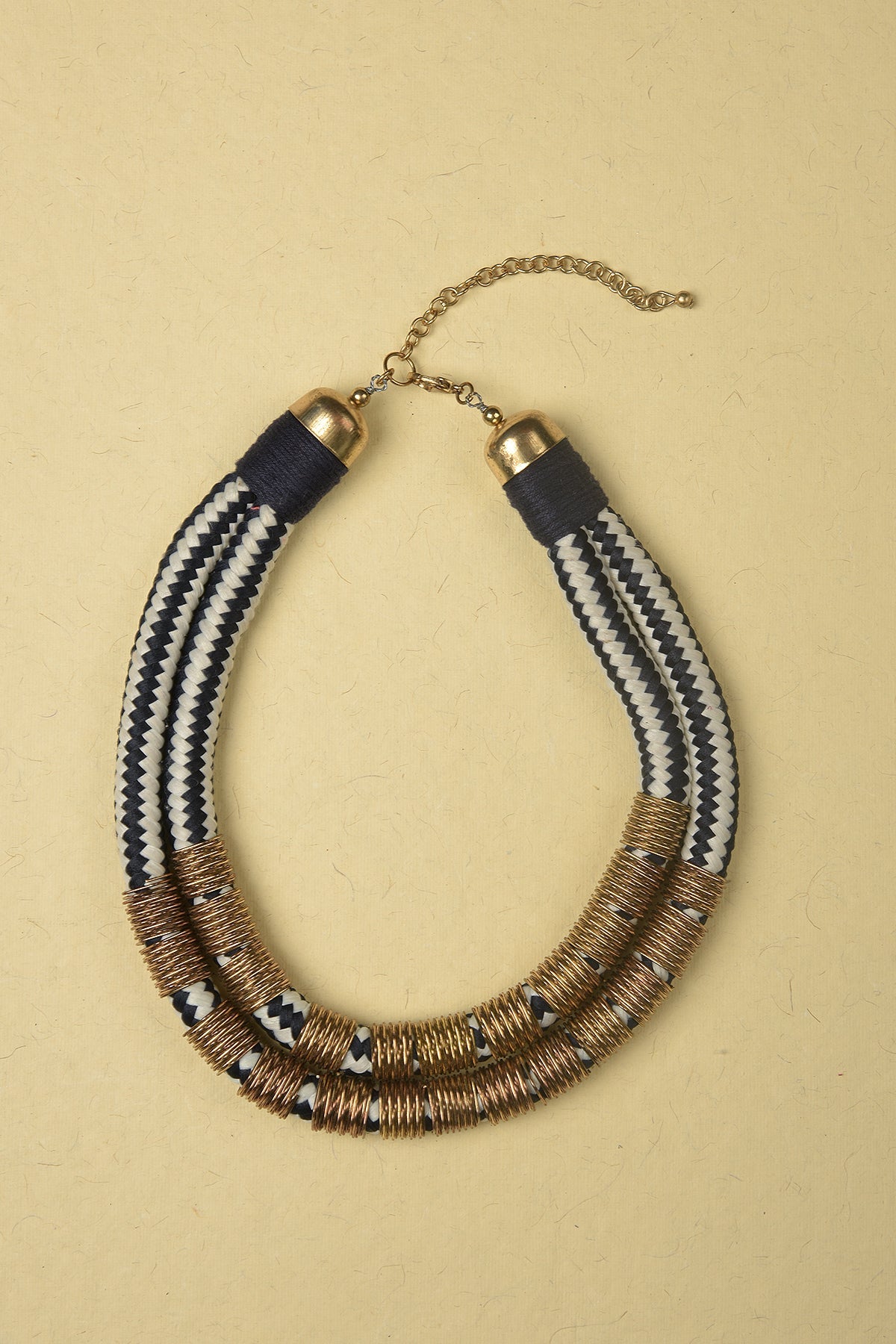 White & Dark Blue Necklace made of Jute, Suede and Plated Iron Rings