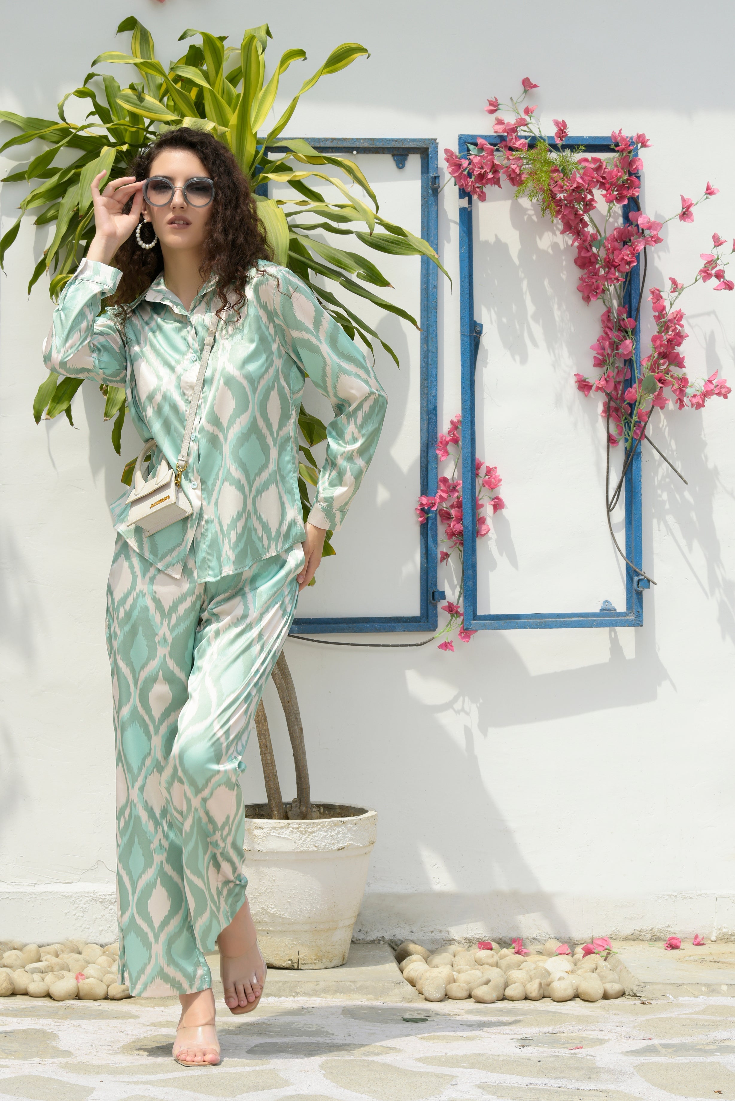 Siciley Satin Ikat Co-ord Set- Green Plush