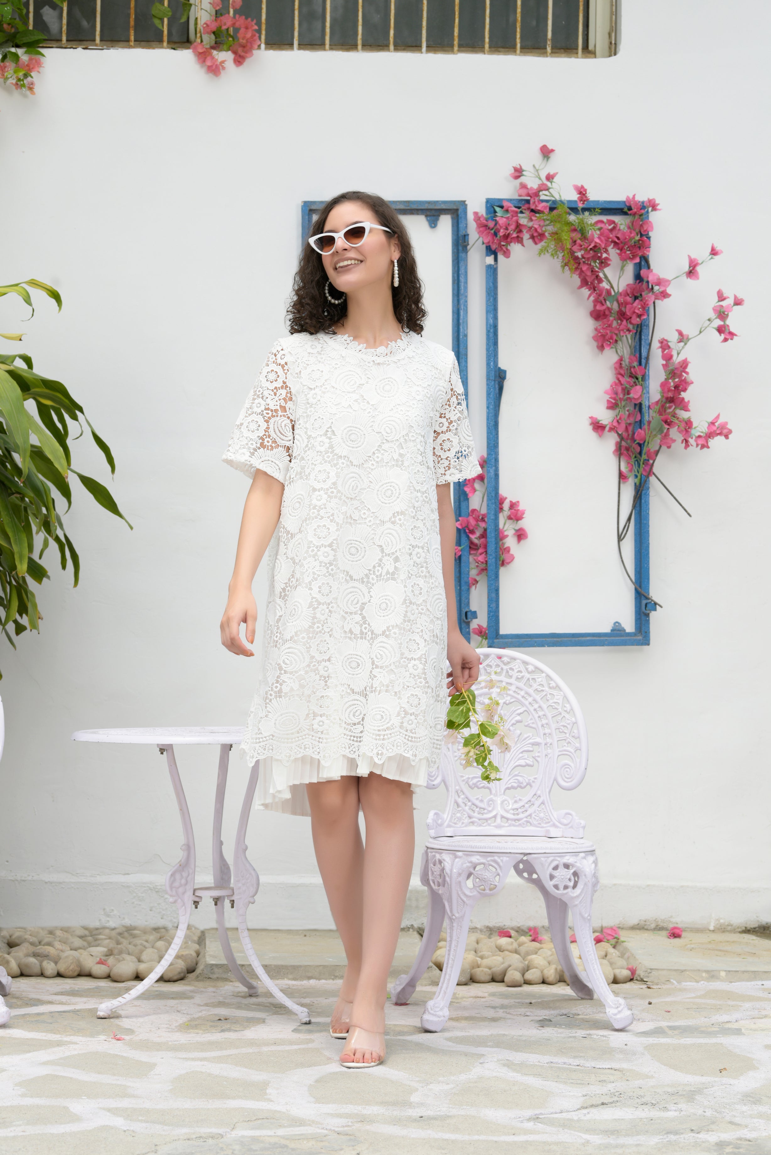 Myra Mesh Daisy Lace Dress- White