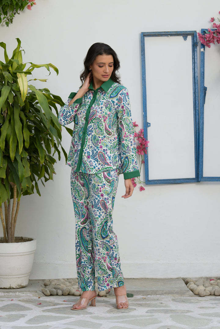 Siciley Satin Calico Co-ord Set - Green Magic