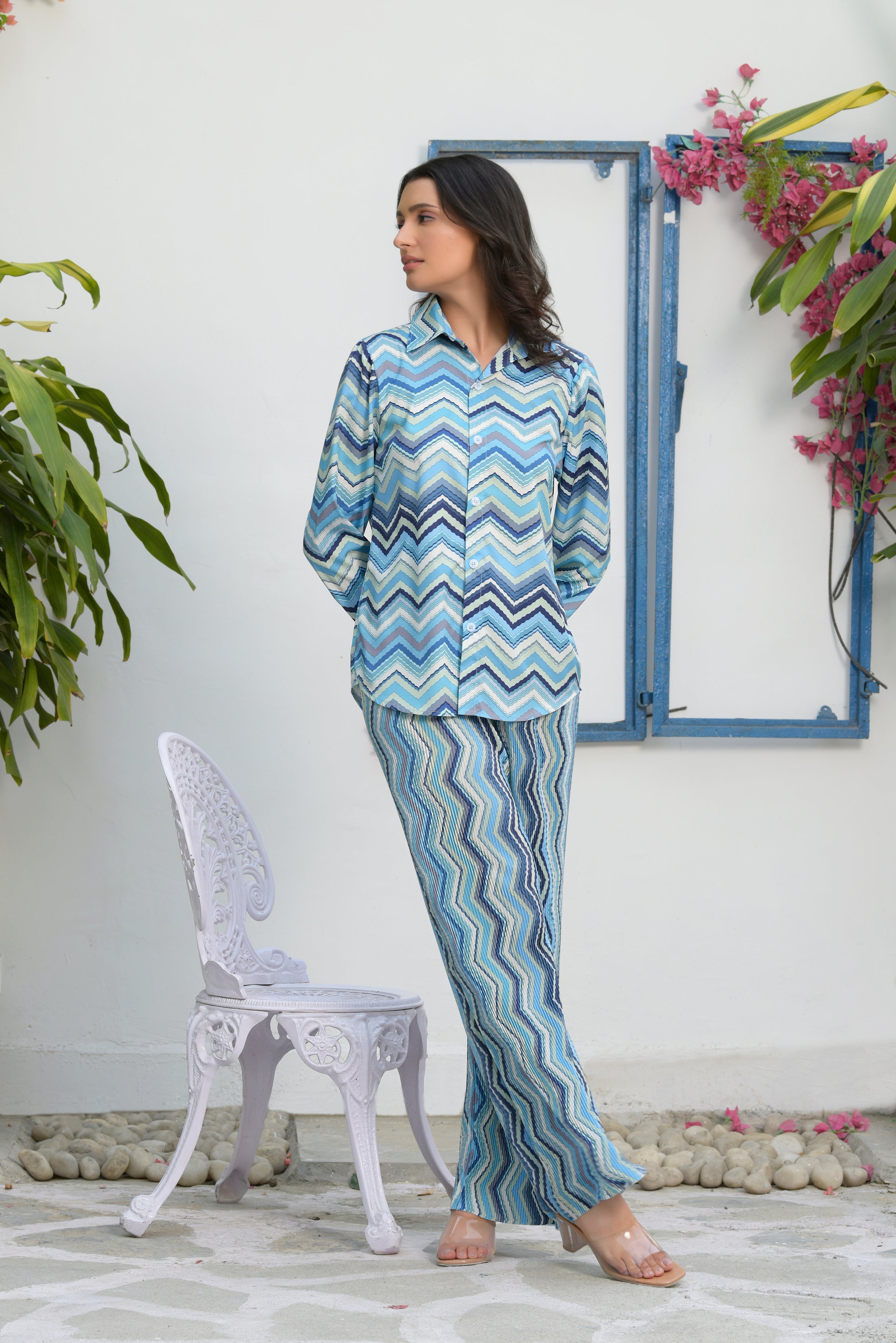 Siciley Satin Chevron Co-ord Set - Grey & Blue