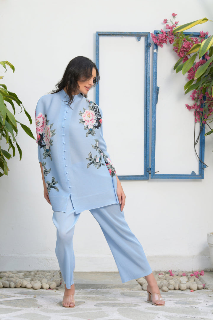Fairlie Floral Shirt with Pleated Pants - Powder Blue