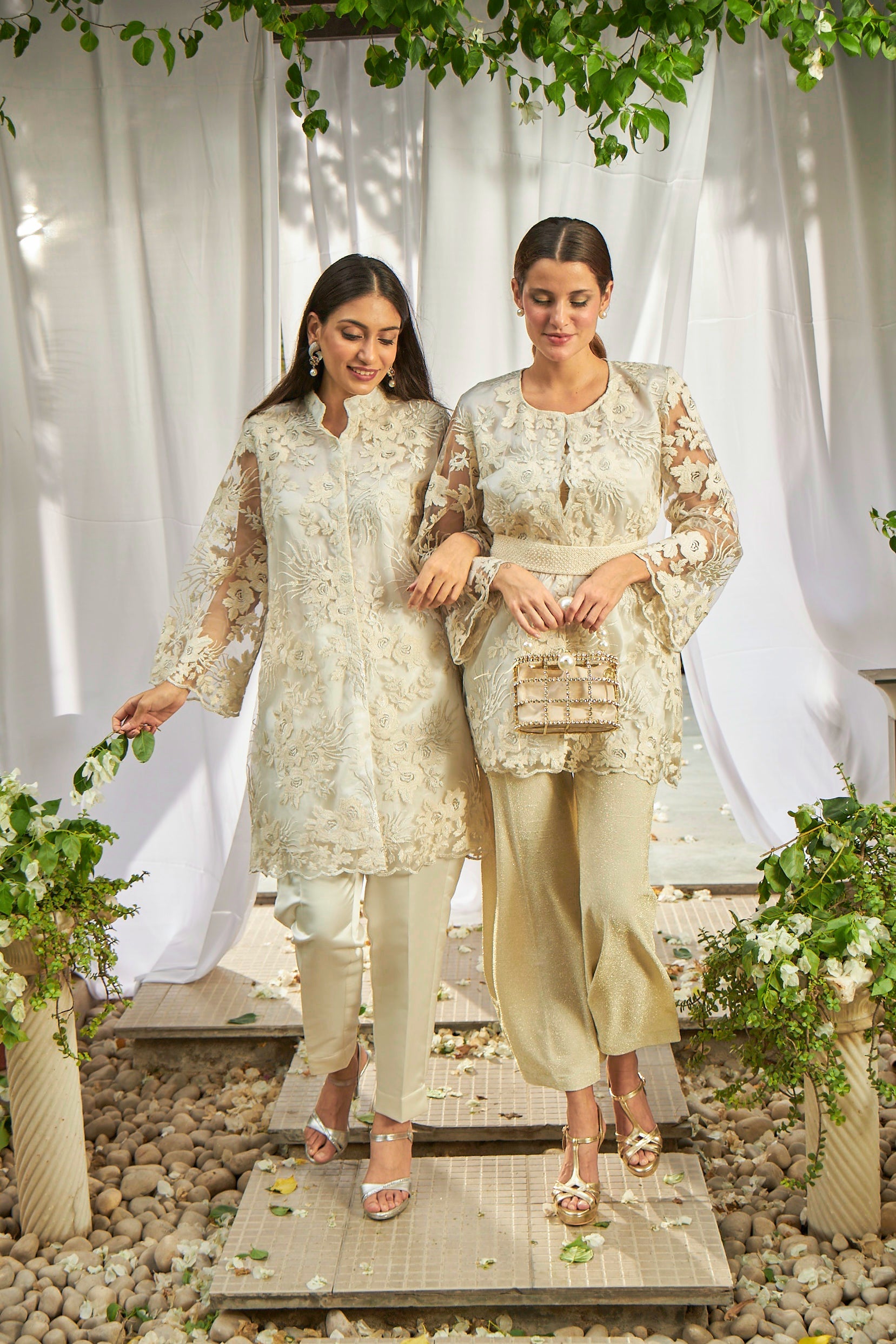 Fragrant Floral Pampered Peplum Tunic Co-ordinated with Straight Pants - Pearl