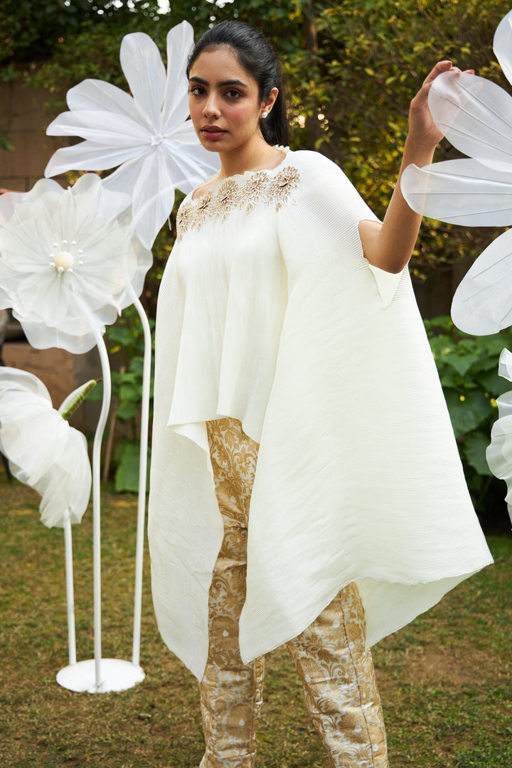 Divine Embroidered Cape with Brocade Pants - White