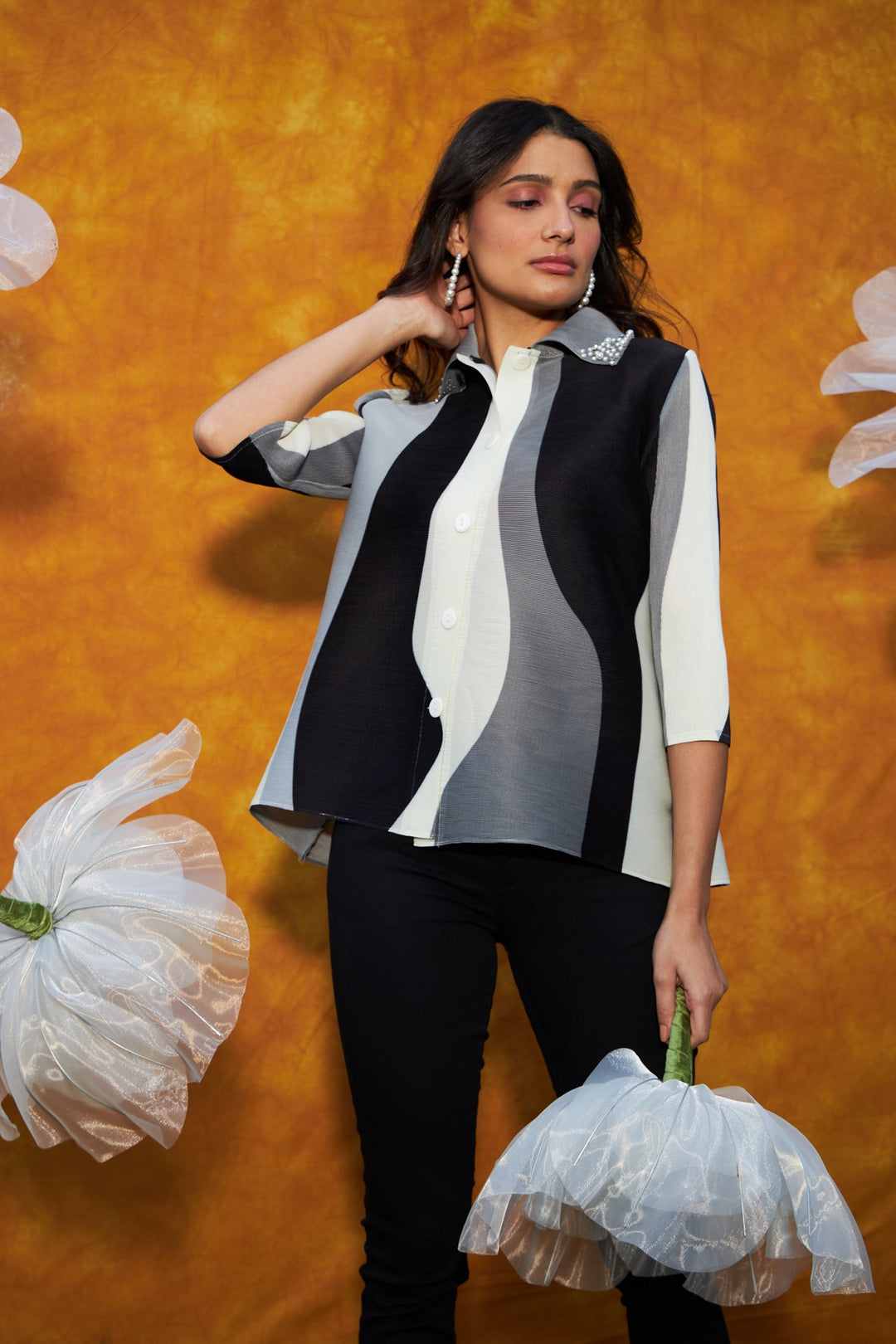 Dainty Pearl ColorBlock Button- Up Shirt Top- Black