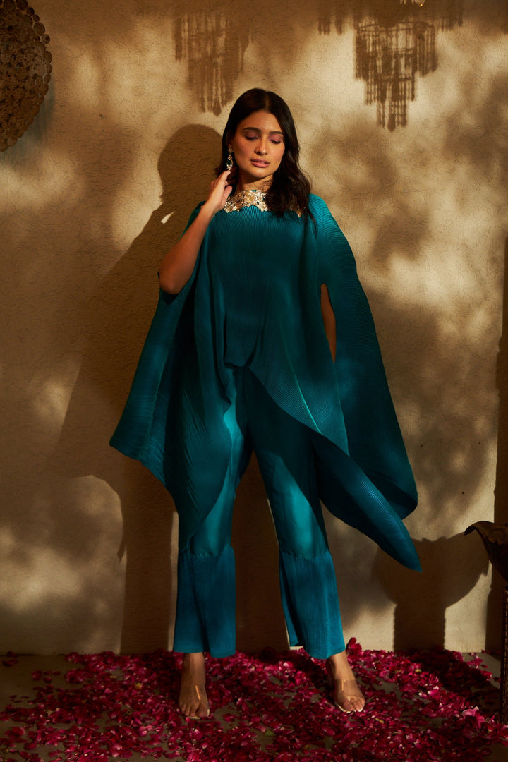 Avyah Divine Embroidered Cape with Plisse Pants- Teal