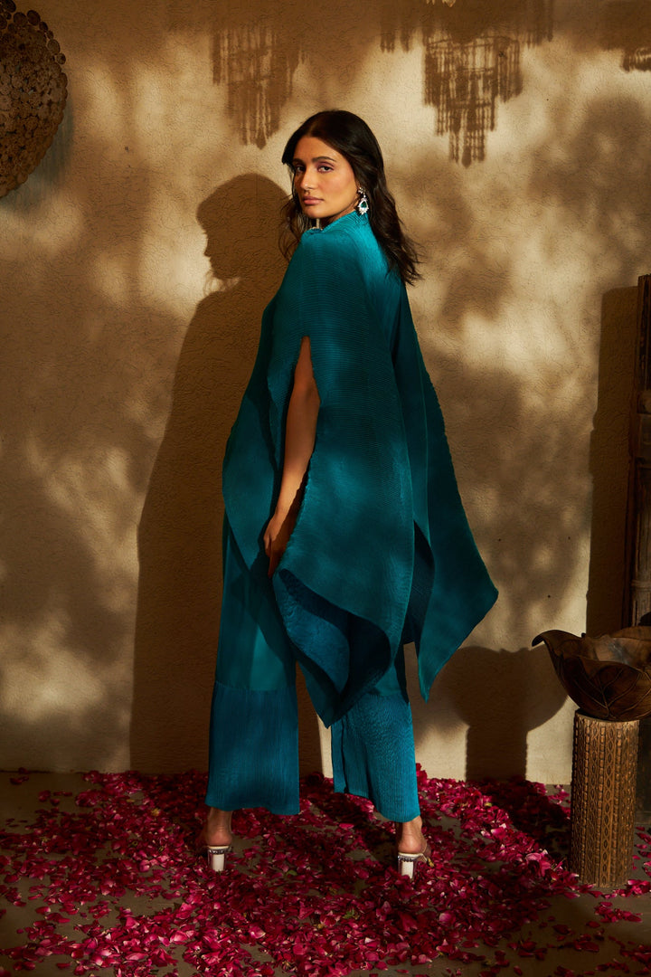 Avyah Divine Embroidered Cape with Plisse Pants- Teal