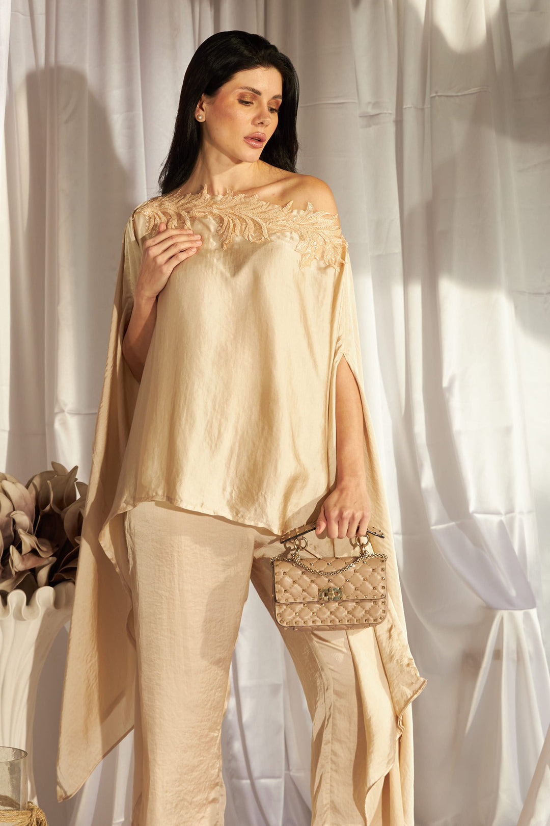 Divine Sequins Embroidered Cape Co-ordinated with Pants - Nude