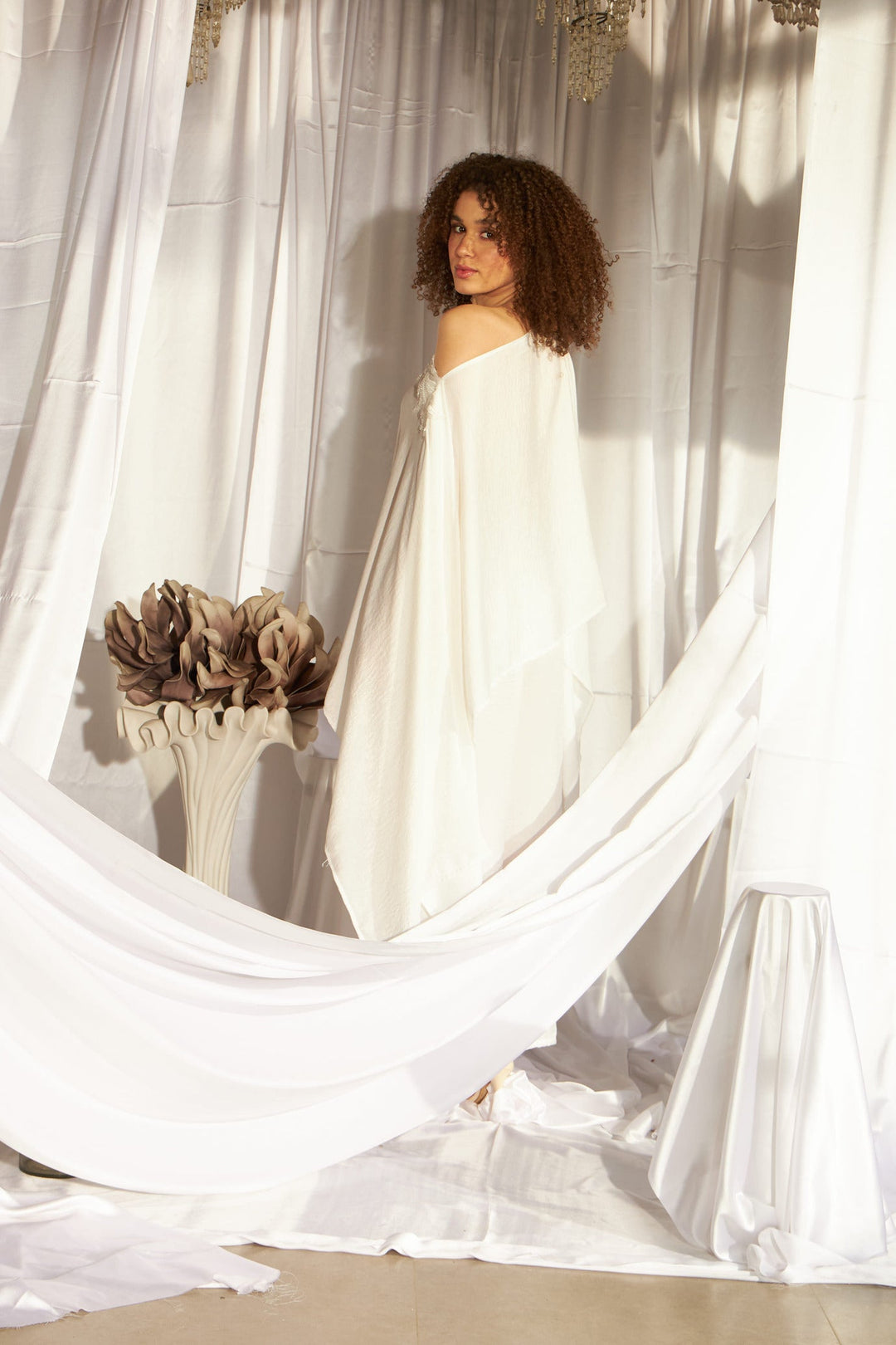 Divine Sequins Embroidered Cape Co-ordinated with Pants - Ivory