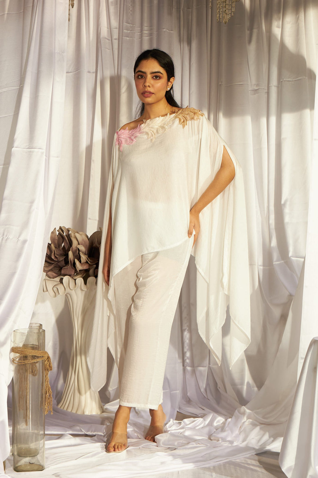 Divine Sequins Embroidered Cape Co-ordinated with Pants - Pink Ivory Ombre