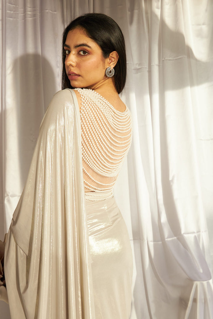 Saia Metallic Slit Saree with Embellished Pearl Blouse - Glossy Ivory