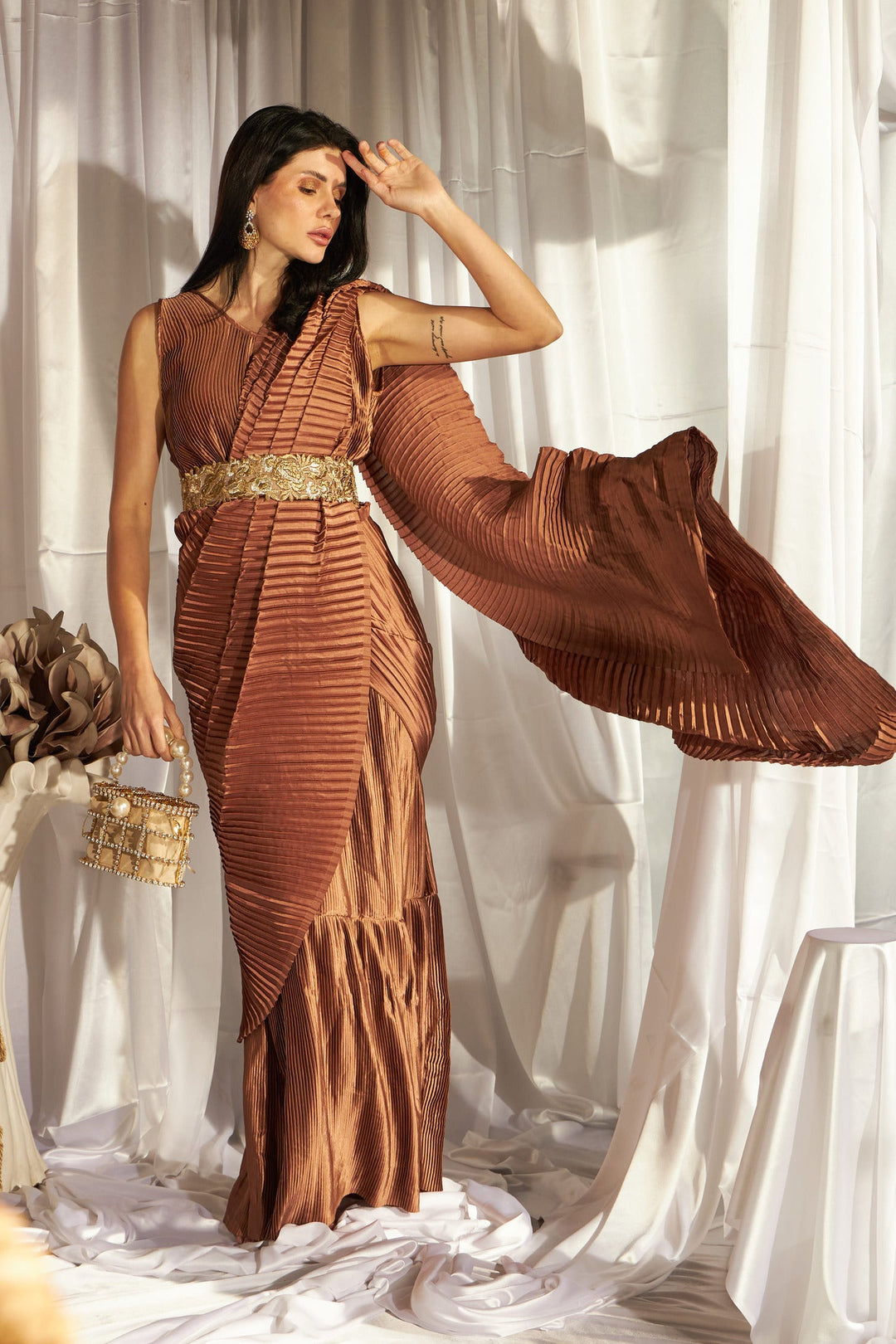 Classy Pleated Gown Saree with Embroidered belt - Rust