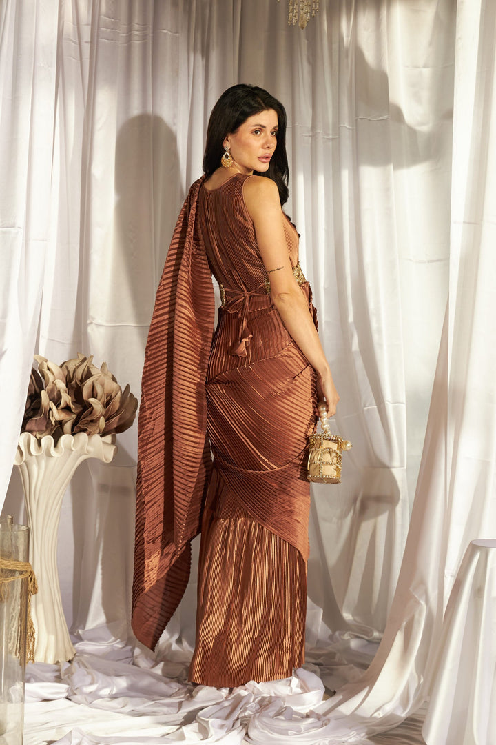 Classy Pleated Gown Saree with Embroidered belt - Rust