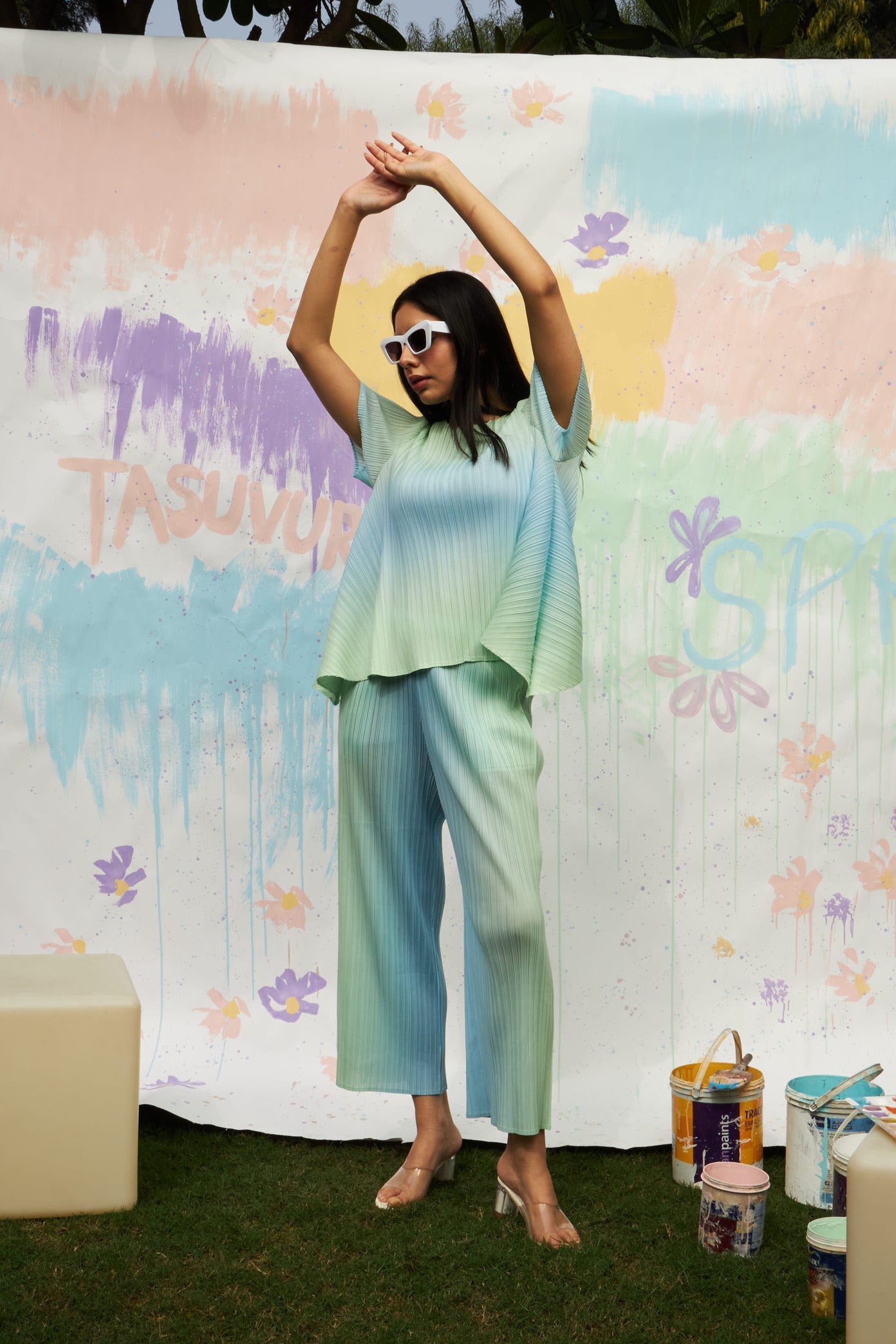 Shirley Sleek Ombrey Pleated Co-ord Set - Pear Green