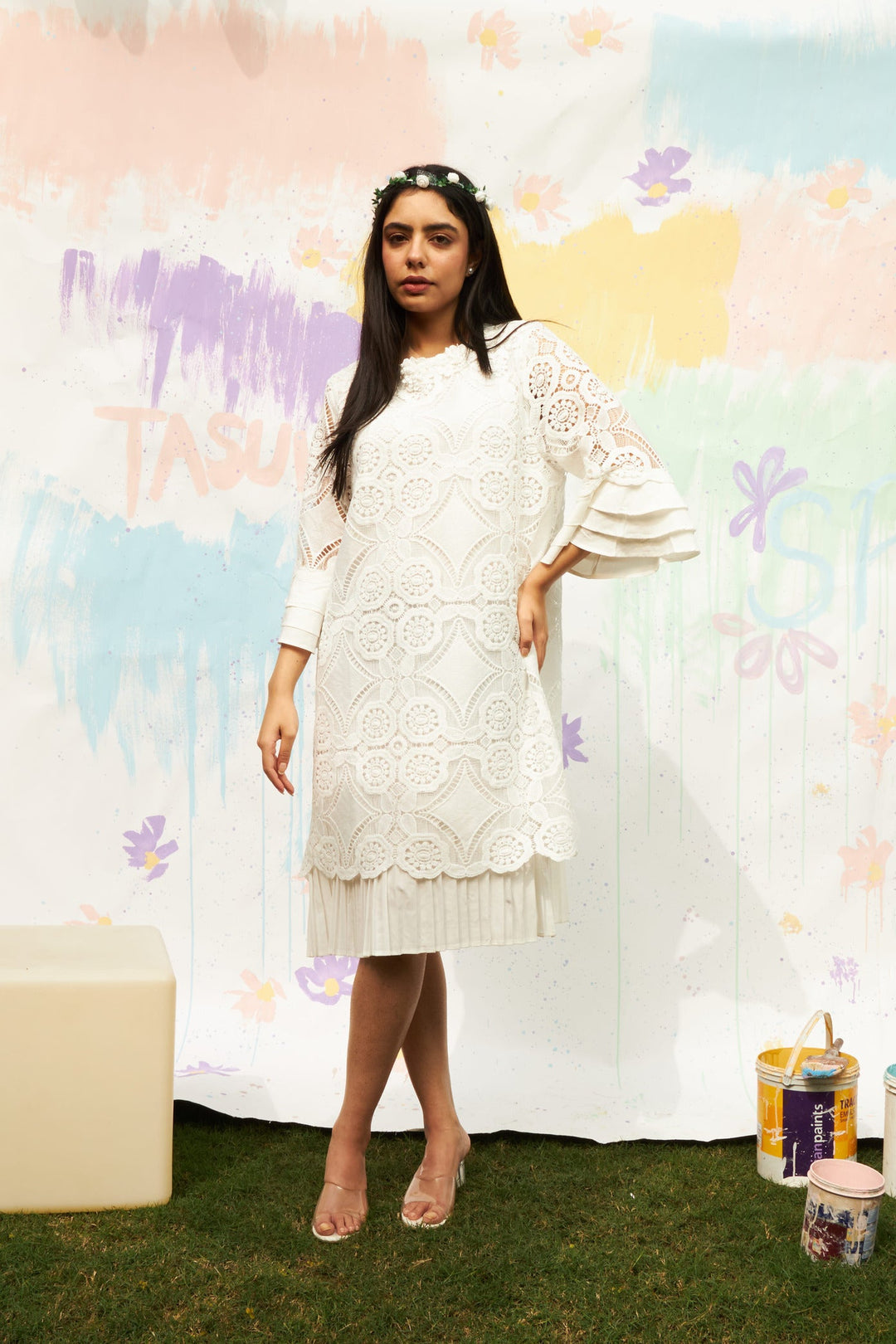 Myra Mesh Kaleidoscopic Dress - White