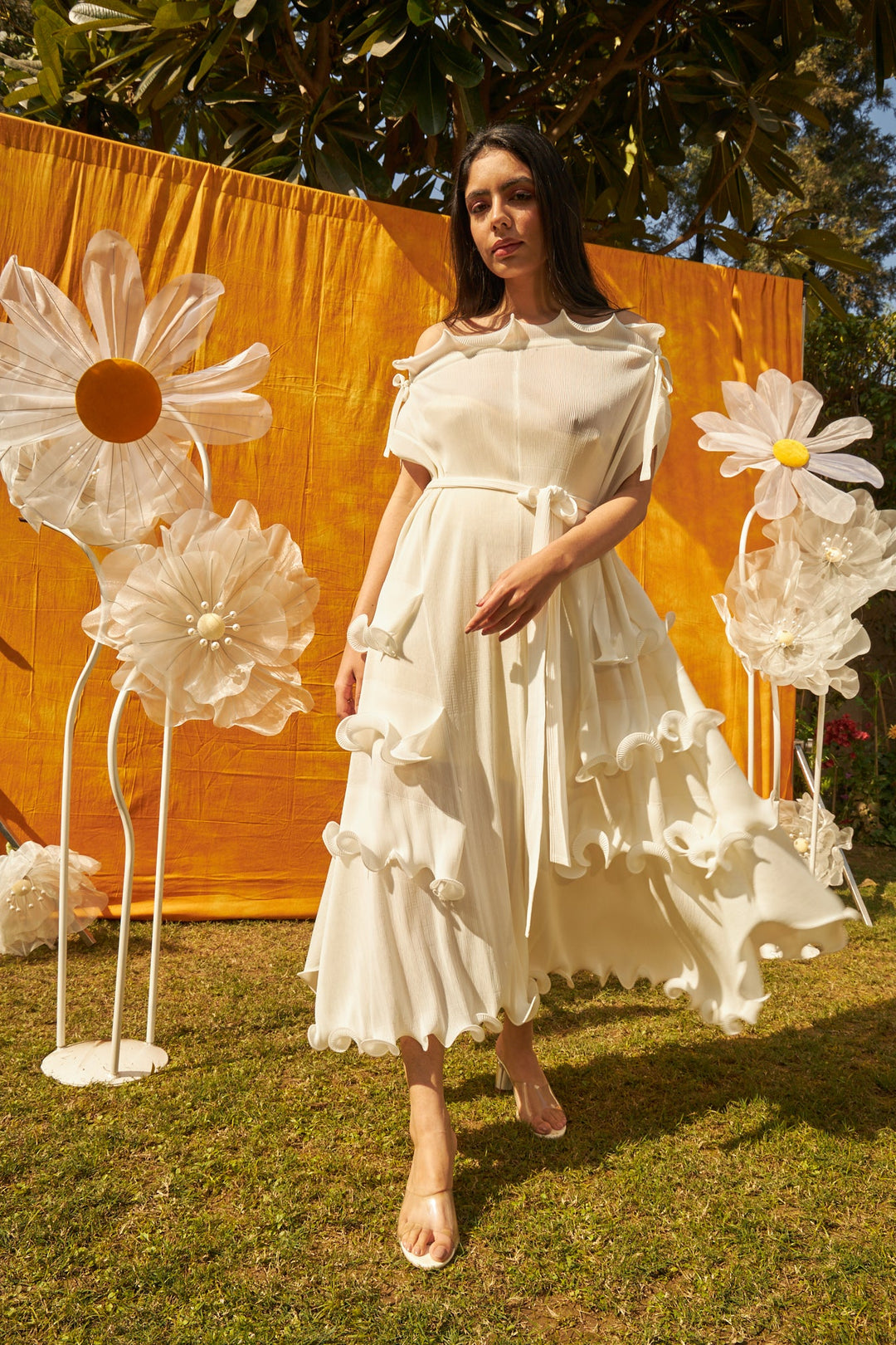 Rianna Ruffle Tie-down Dress- White