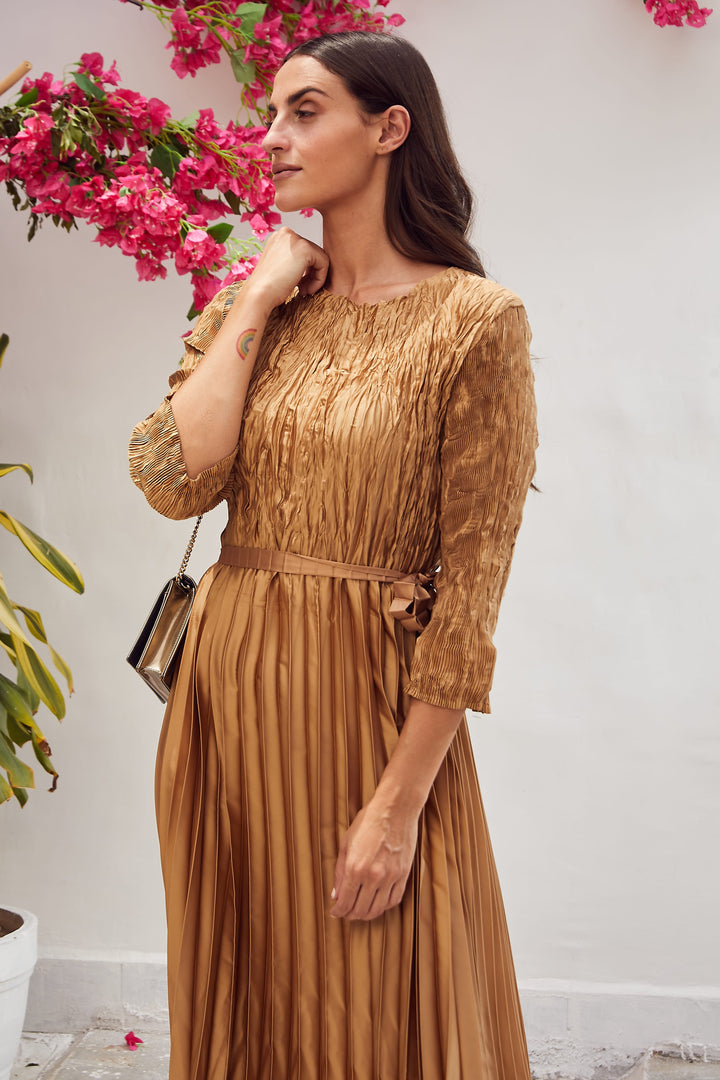 Jenny Crushed Belted Dress - Bronze