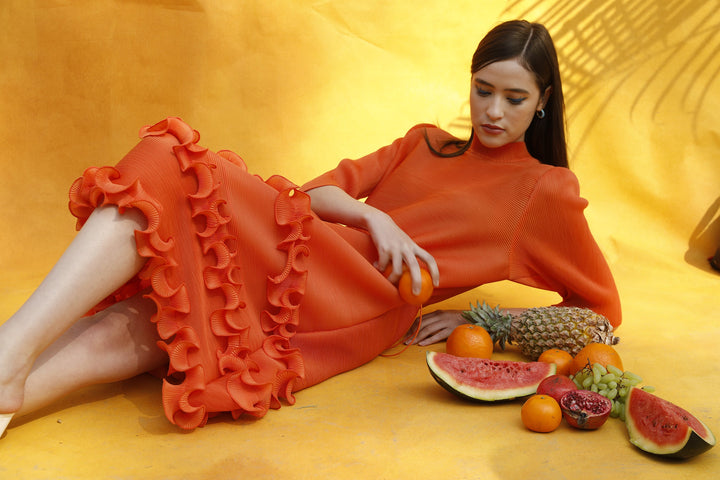 Rebecca Ruffle Cinched-in Dress - Orange