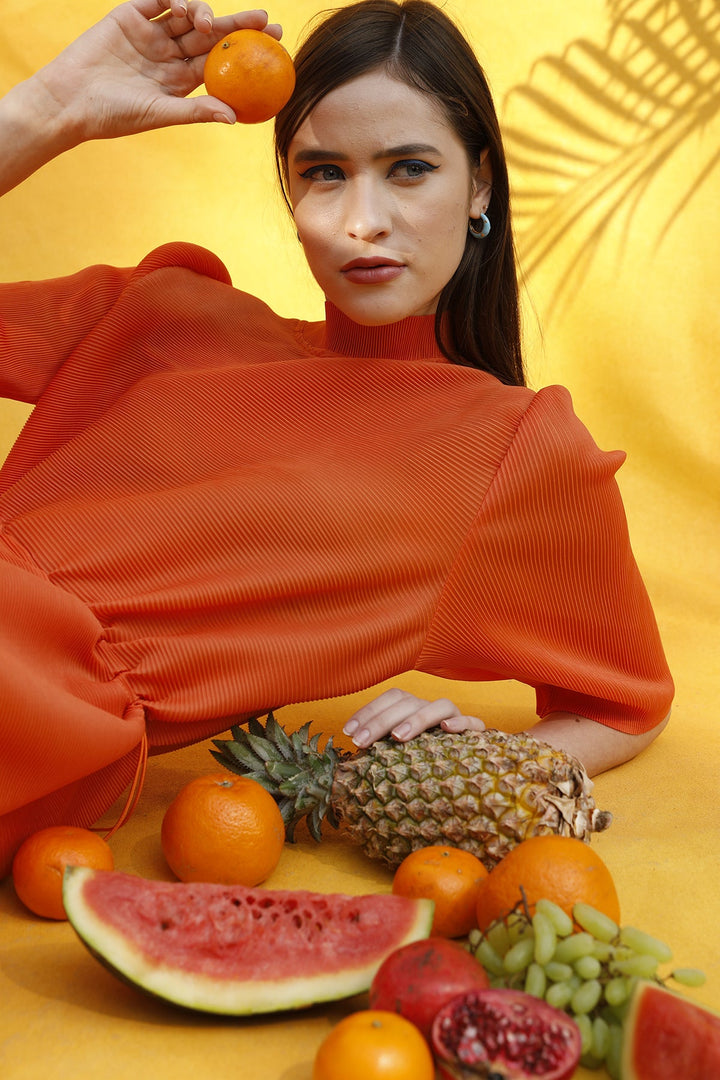 Rebecca Ruffle Cinched-in Dress - Orange