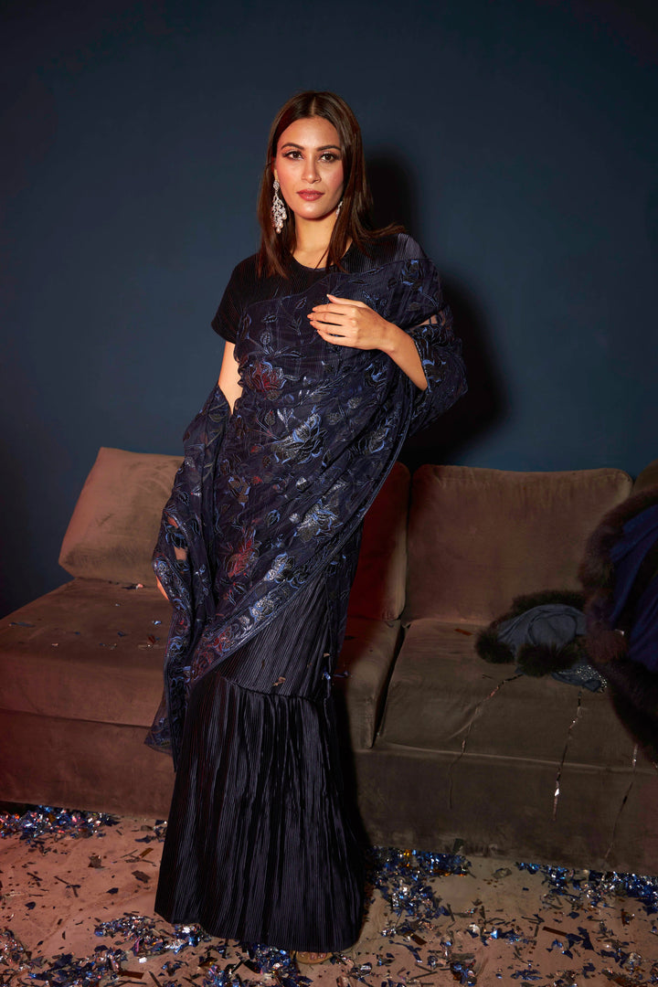Idylic Adorned Gown Saree with Floral Mesh Pallah - Midnight Blue