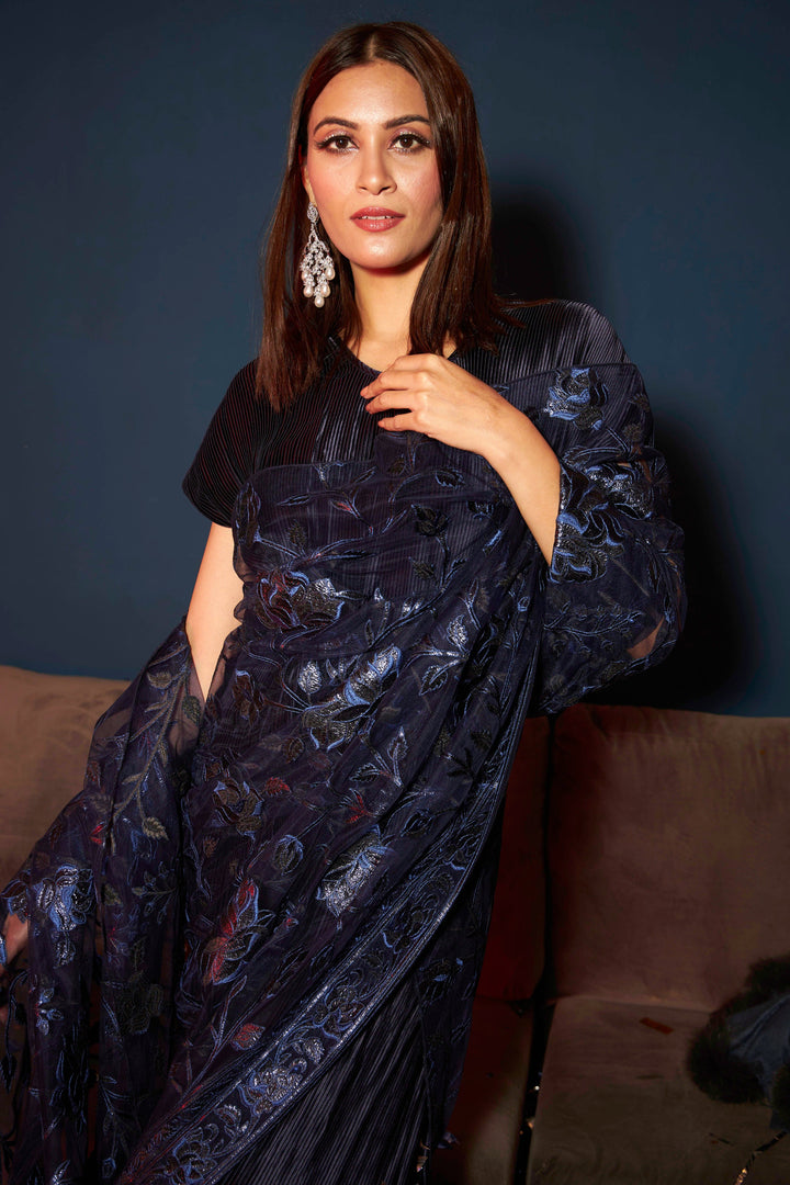 Idylic Adorned Gown Saree with Floral Mesh Pallah - Midnight Blue