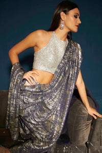 Saia Metallic Slit Saree with Embellished Halter Blouse - Blue Silver
