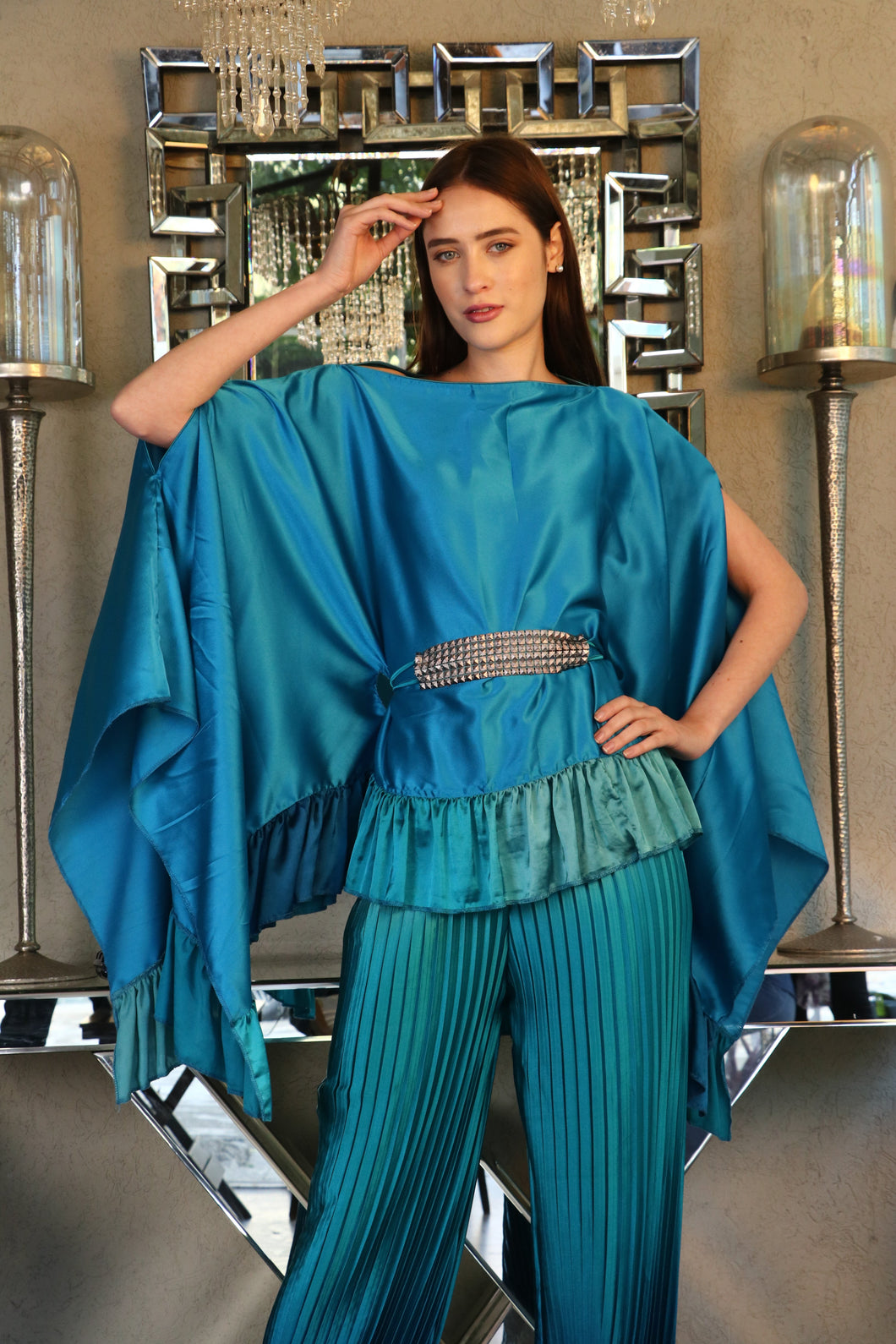 Siciley Satin Ruffle Cape With Pleated Pants - Tiffany Blue