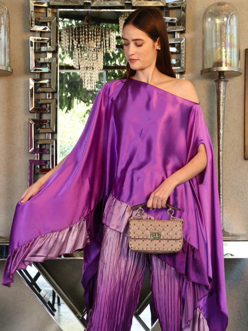 Siciley Satin Ruffle Cape With Pleated Pants - Orchid