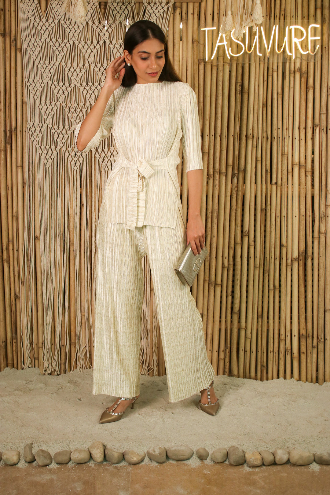 Shop Partywear Pleated Metallic Ivory Co-ord with Silhouette & Wide Leg Ankle Length Pant. Get Exclusive Co Ord Sets Online on Women Clothing Website Tasuvure