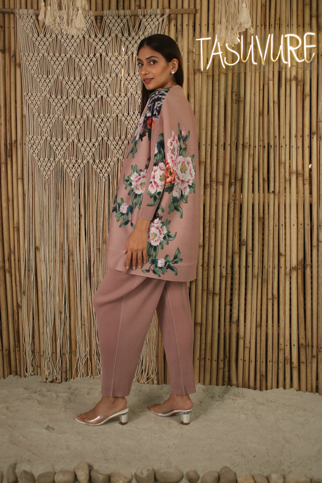 The floral shirt comes with center front button closure, dolman sleeves and an ankle length pleated pants., Shop Party wear outfit from Tasuvure Online Fashion Designer store