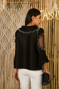 Designer Black Pleated Shirt Top with Pearl Embellished on Collar & Bell Sleeves for Women Online. Shop Latest Collection of Pleated Plush Outfit at Tasuvure