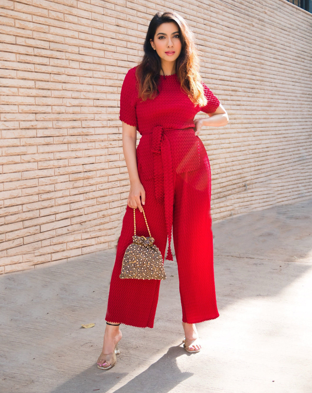 Niki Mehra in our Smocked Co-ord Set - Red