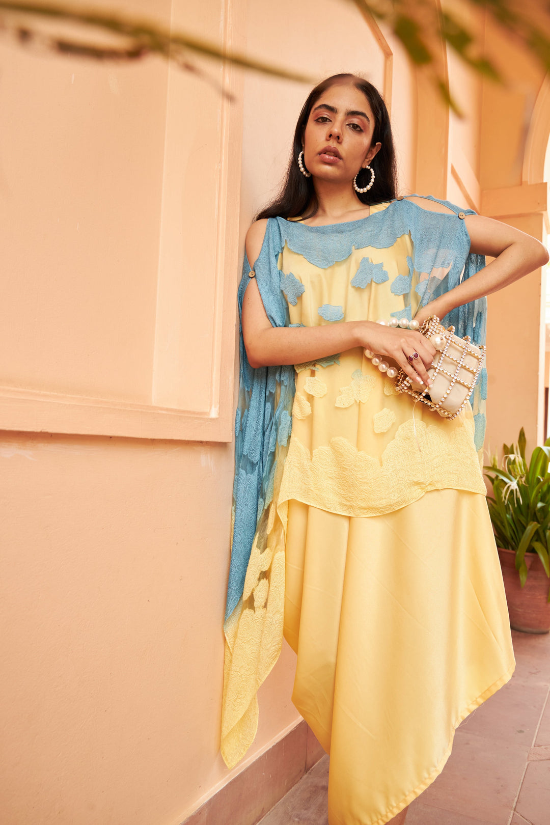 Slip Easy Dress with Organza Cape - Blue Yellow