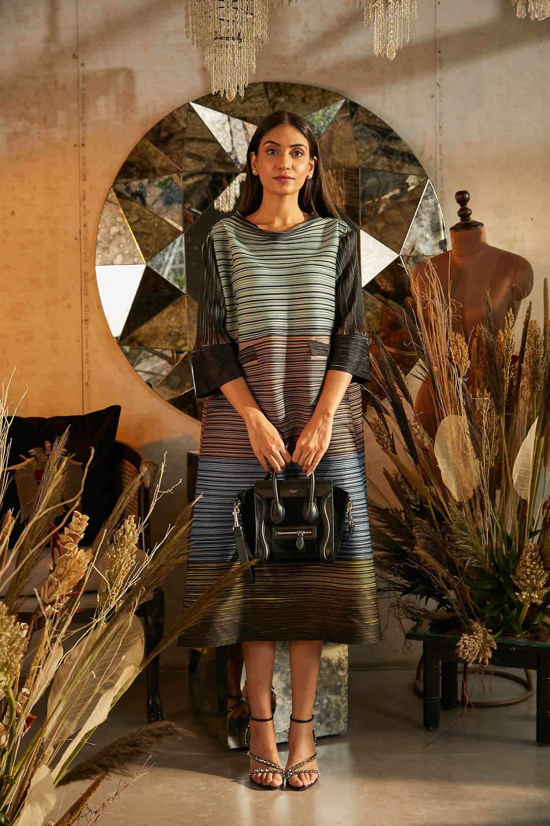 Multi Coloured Pleated Dress-Black