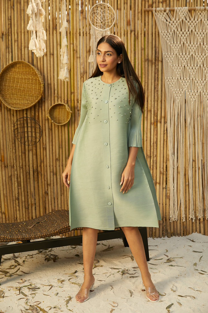 Buy Pleated One Piece Shirt Dress With Pearls Embellished In Front 