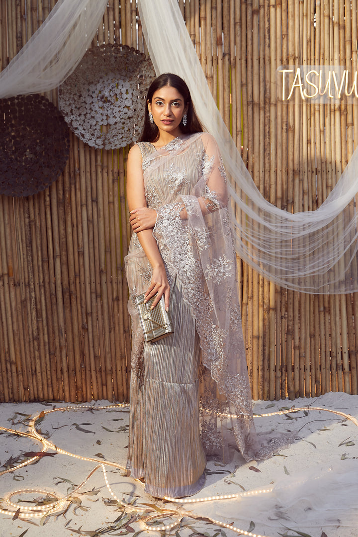 Metallic Pleated Gown Saree with Floral Mesh Palla