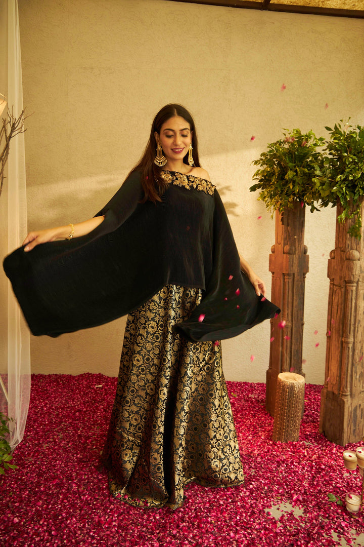Divine Embroidered Cape with Brocade Ghagra - Black