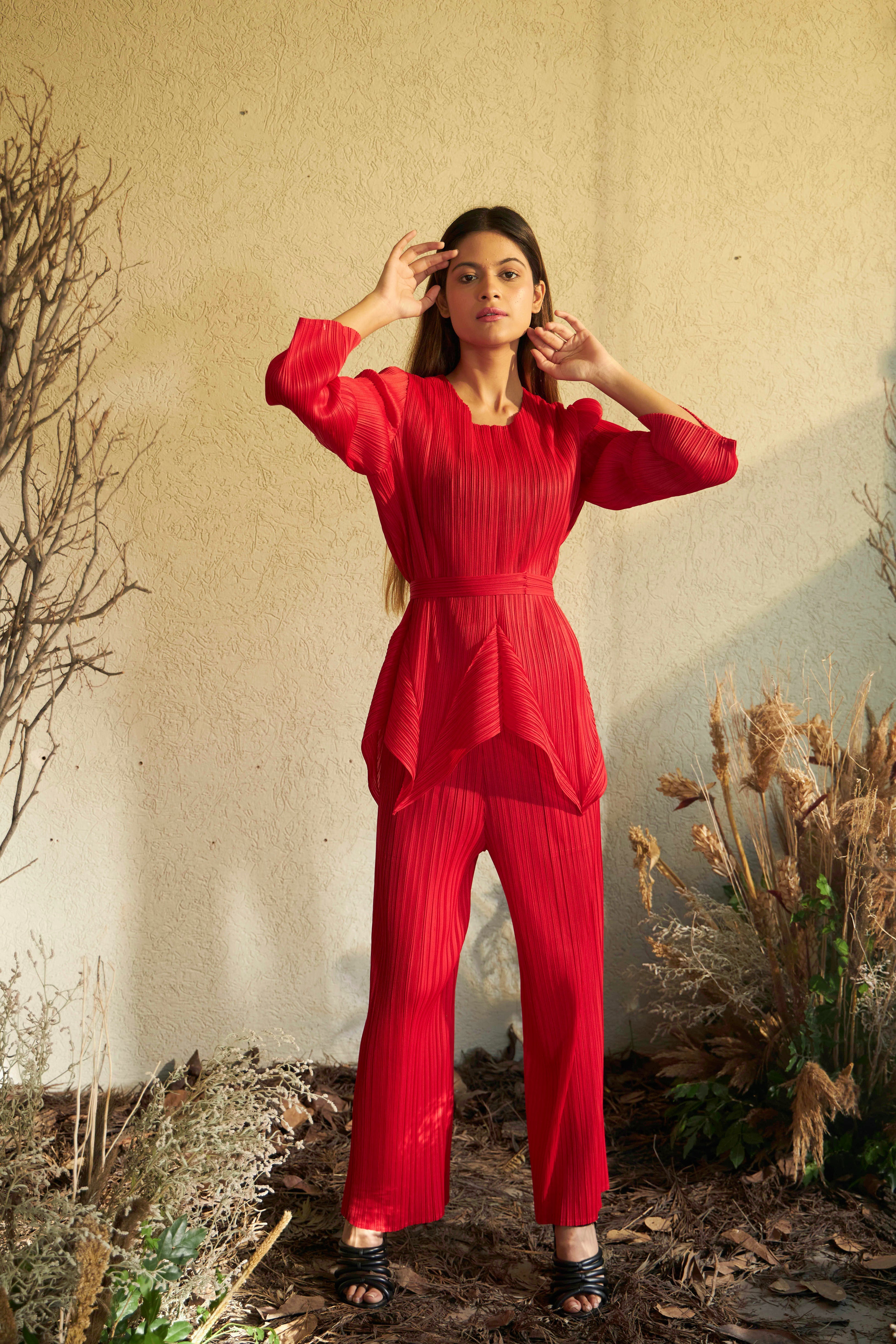 Paisley Peplum with Straight Pants - Red