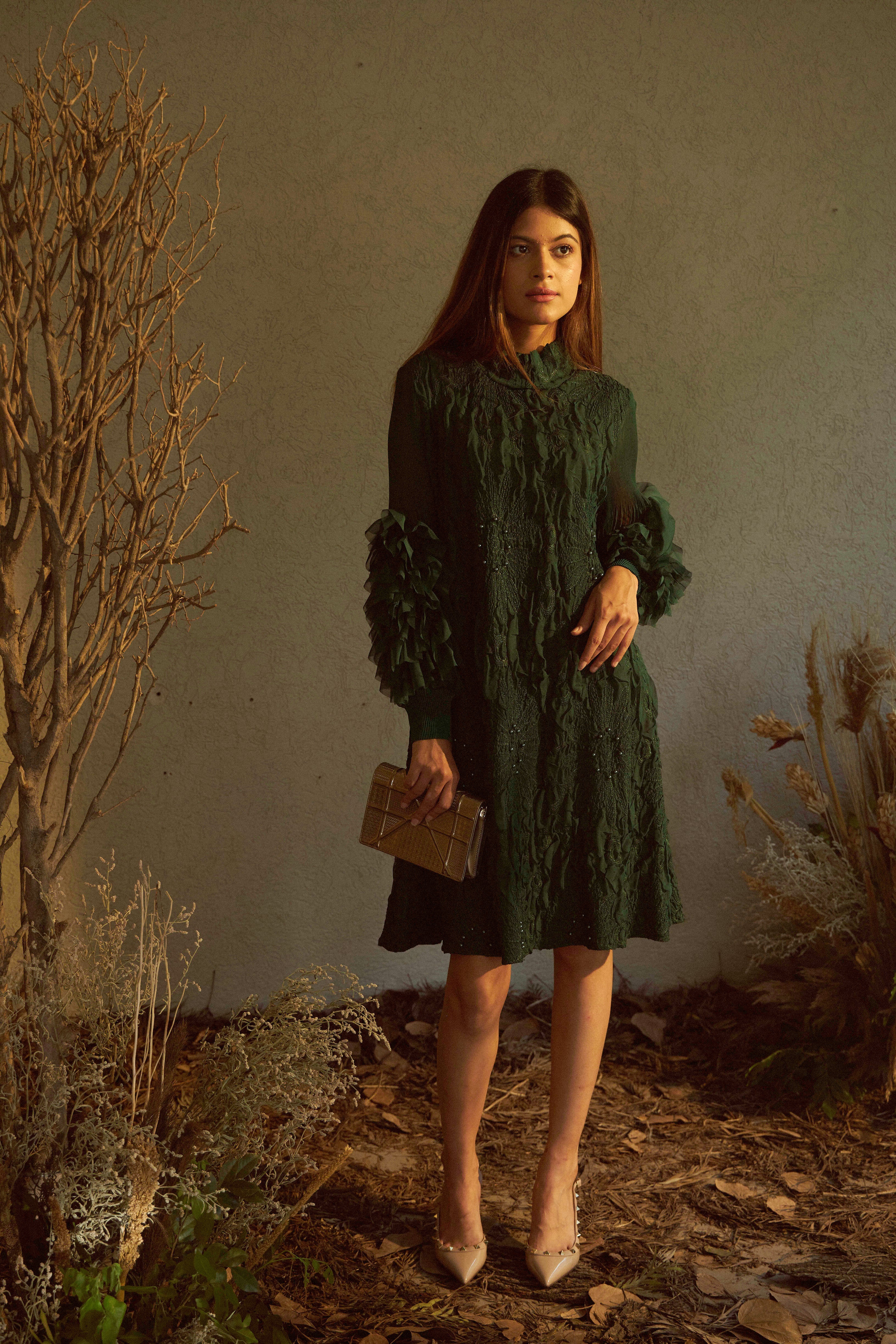 Felcia Flower Up Sleeve Dress - Green