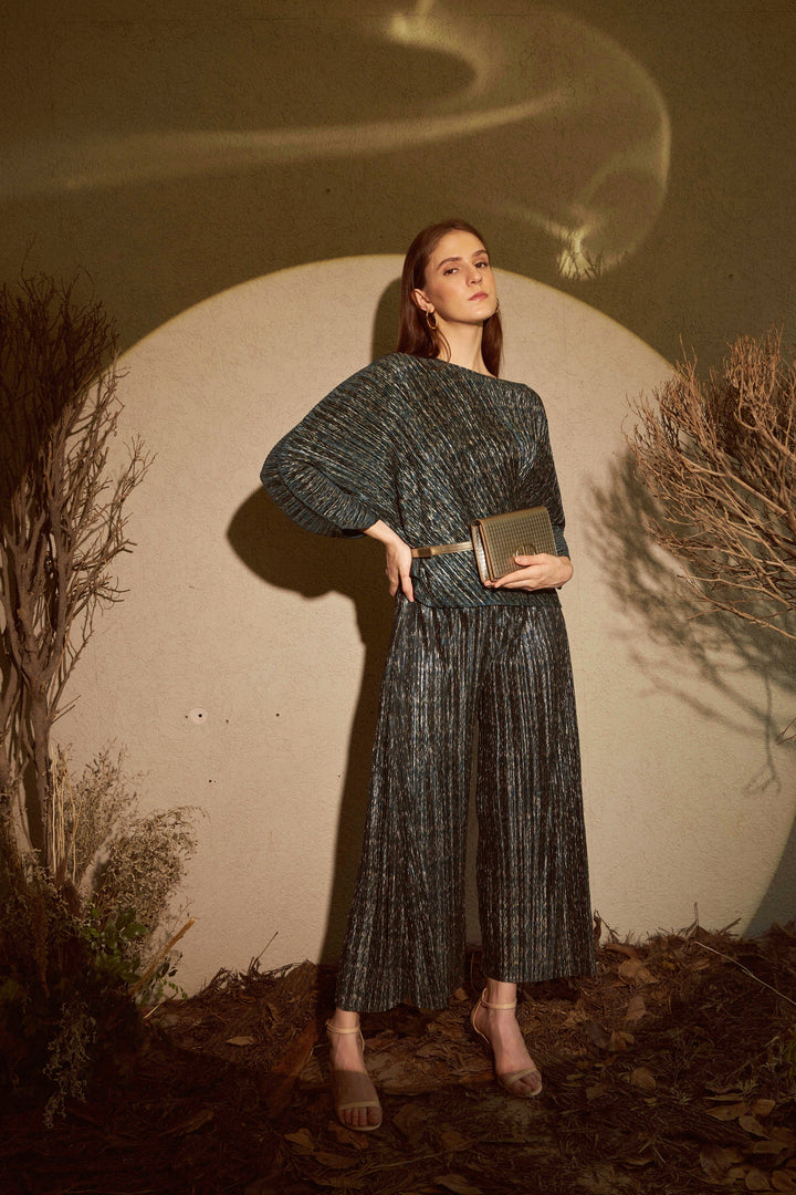 Milan Metallic Melissa Pleated Co-ord Set - Teal
