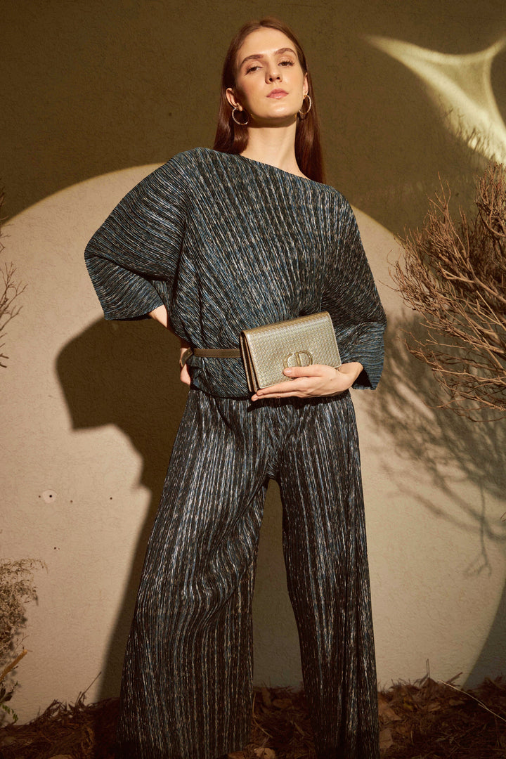 Milan Metallic Melissa Pleated Co-ord Set - Teal