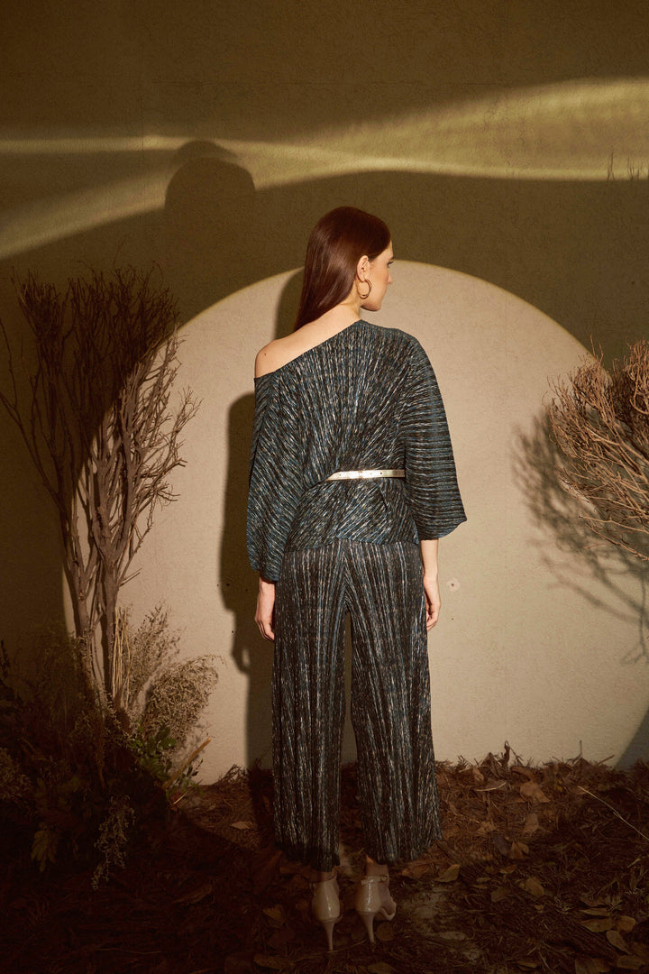 Milan Metallic Melissa Pleated Co-ord Set - Teal