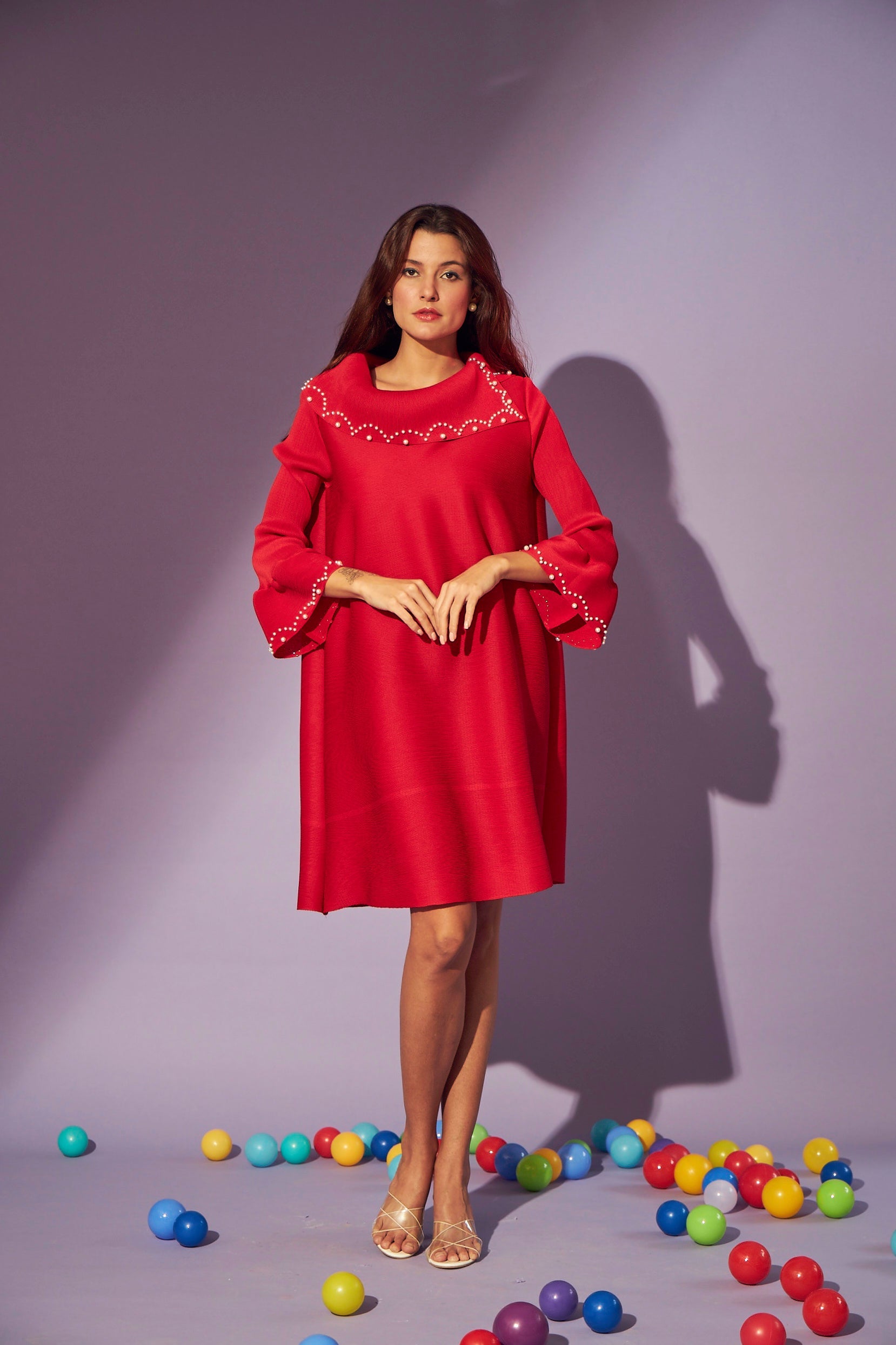 Dainty Pearl Dress with Bell Sleeve - Red
