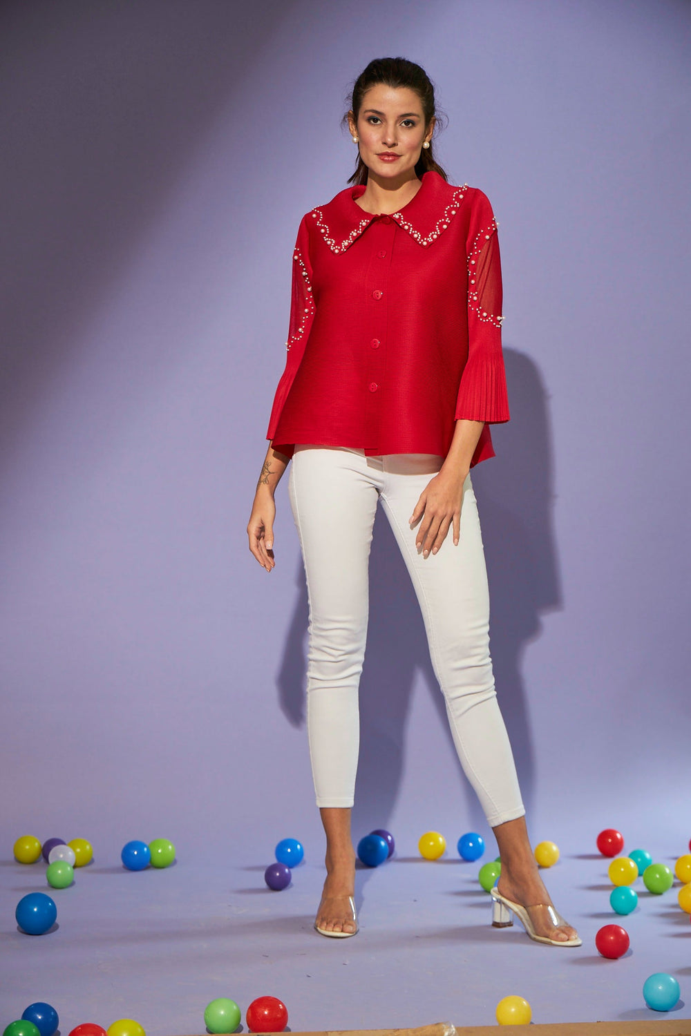 Buy Pearl Embellished Red Pleated Polyester Shirt | Tasuvure