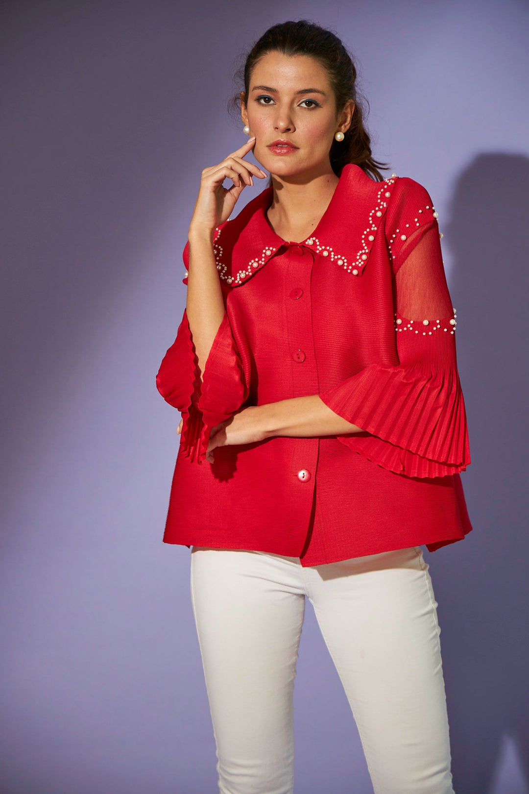Buy Pearl Embellished Red Pleated Polyester Shirt | Tasuvure