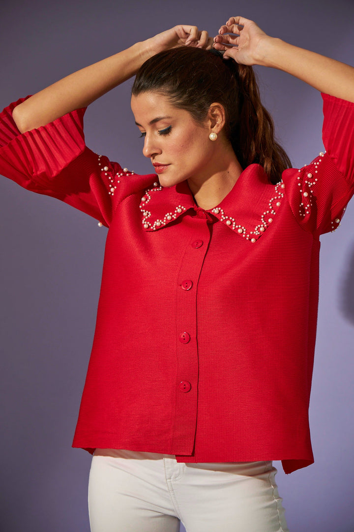 Buy Pearl Embellished Red Pleated Polyester Shirt for women online at  Tasuvure