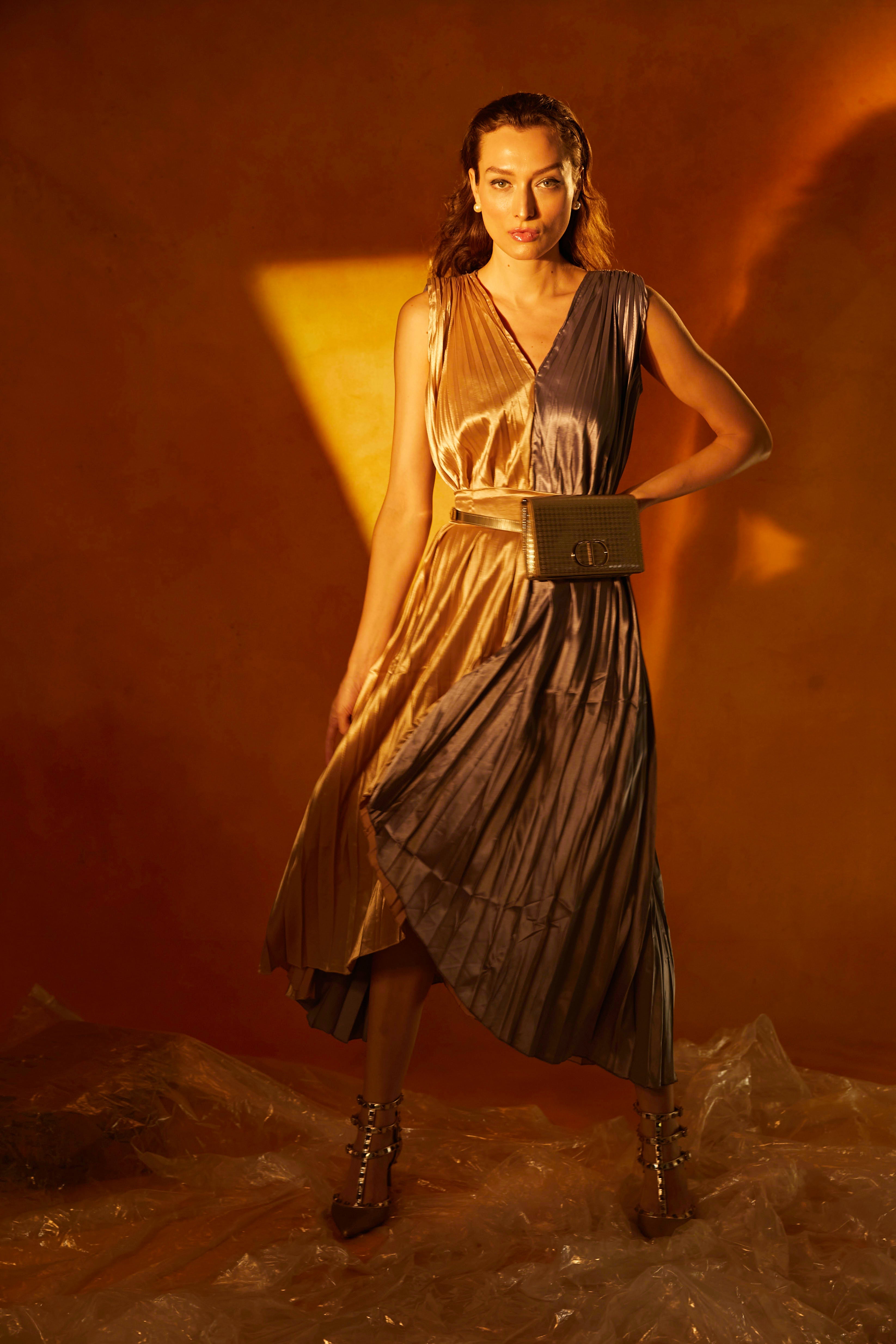 Sylvia Satin Half and Half Dress - Gold and Silver